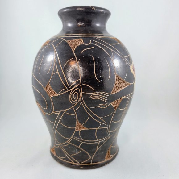 Vase Monkey Etched Pottery Signed Brown Animal Primate Home Decor Flowers Read - Picture 6 of 13